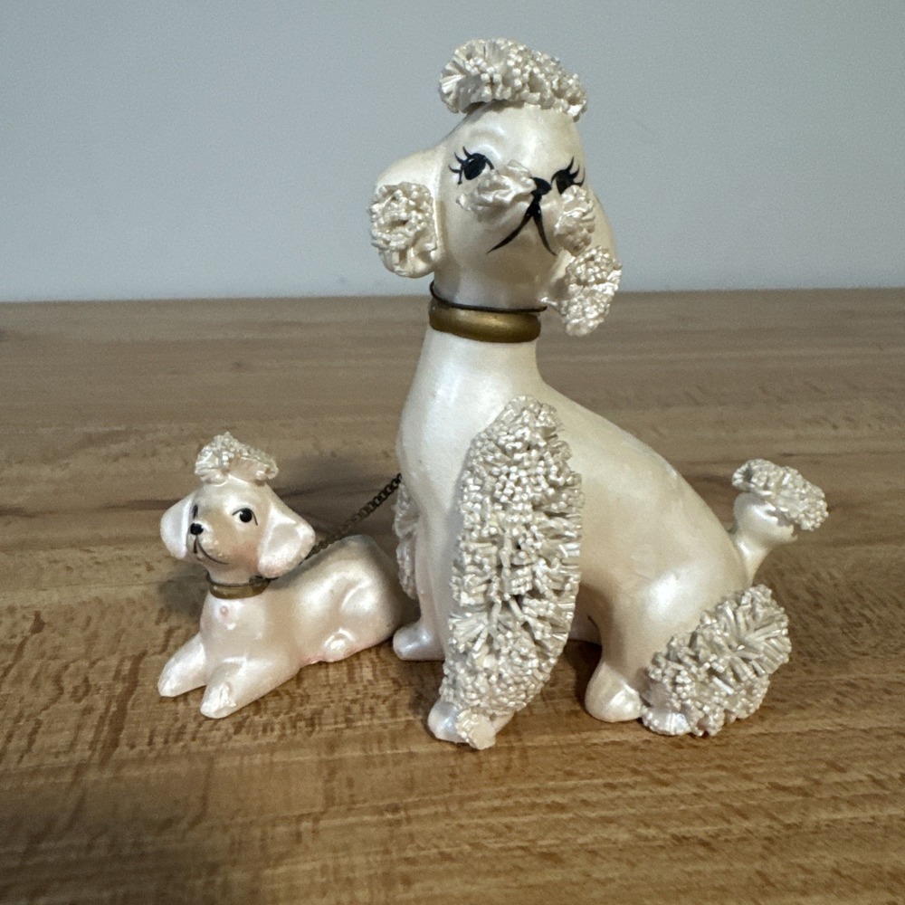 Vintage Spaghetti Poodle Dog Mom & Baby Puppy On Chain Bradley MCM 70s